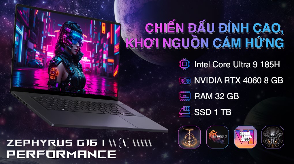 Laptop Asus Gaming ROG Zephyrus G16 GU605MV Ultra 9 185H/32GB/1TB/8GB RTX4060/240Hz/Túi/Win11 (QR135W)
