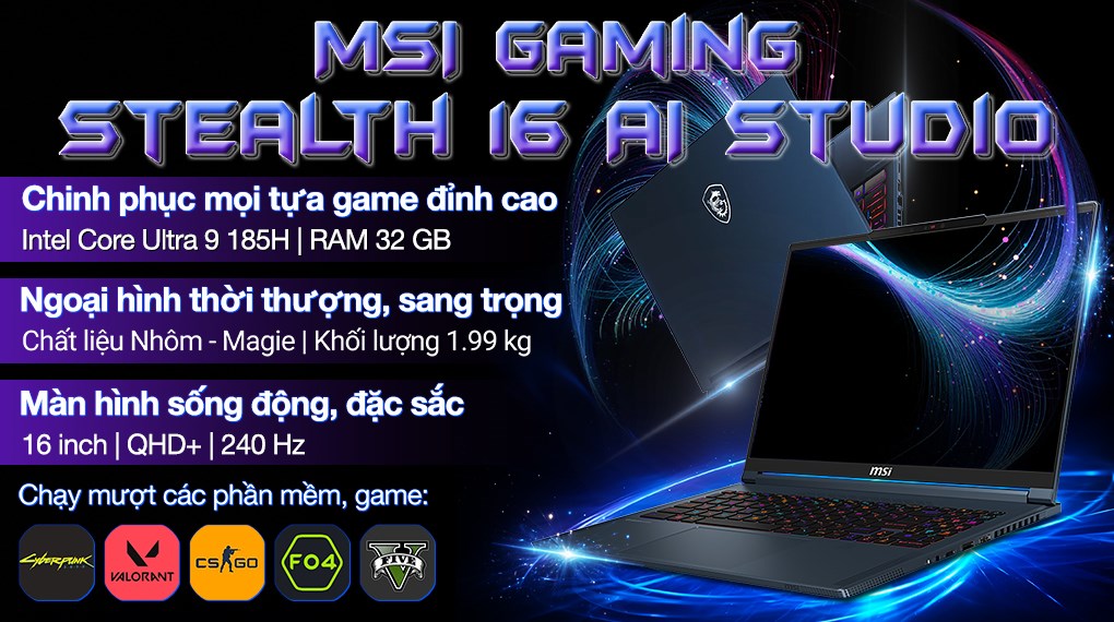 Laptop MSI Gaming Stealth 16 AI Studio A1VGG Ultra 9 185H/32GB/2TB/8GB RTX4070/240Hz/Balo/Chuột/Win11 (089VN)