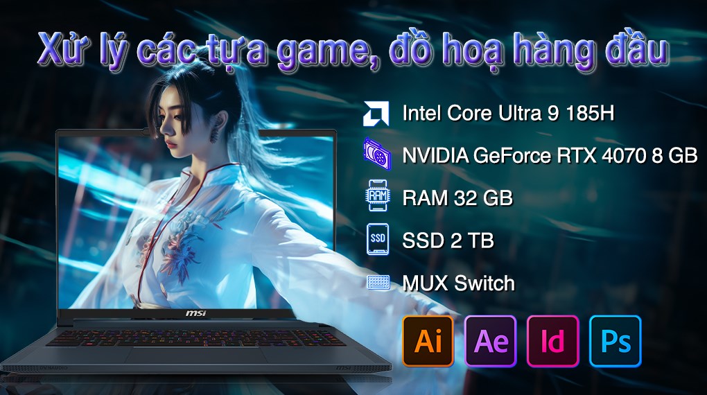Laptop MSI Gaming Stealth 16 AI Studio A1VGG Ultra 9 185H/32GB/2TB/8GB RTX4070/240Hz/Balo/Chuột/Win11 (089VN)