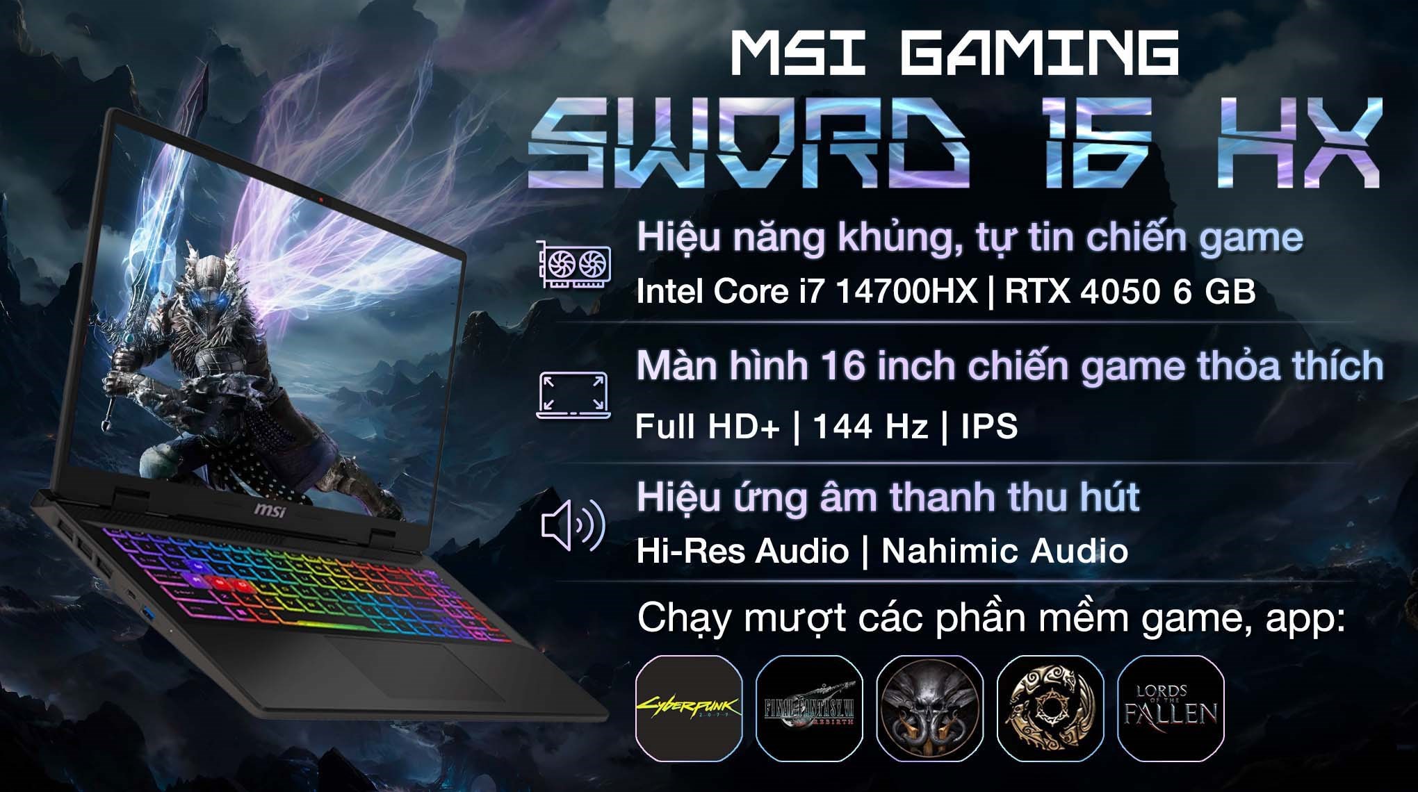 Laptop MSI Gaming Sword 16 HX B14VEKG i7 14700HX/16GB/1TB/6GB RTX4050/144Hz/Balo/Win11 (039VN)