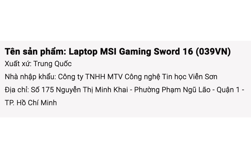Laptop MSI Gaming Sword 16 HX B14VEKG i7 14700HX/16GB/1TB/6GB RTX4050/144Hz/Balo/Win11 (039VN) Màu Xám