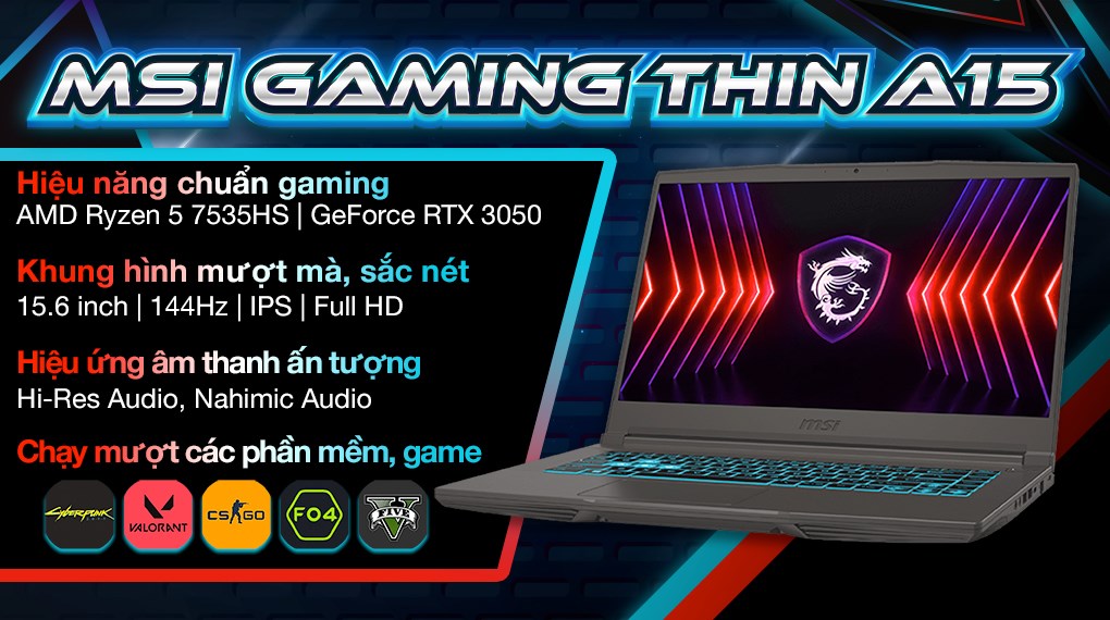 Laptop MSI Gaming Thin A15 B7UC R5 7535HS/8GB/512GB/4GB RTX3050/144Hz/Balo/Win11 (026VN)