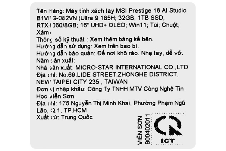 Laptop MSI Prestige 16 AI Studio B1VFG Ultra 9 185H/32GB/1TB/8GB RTX4060/Balo/Chuột/Win11 (082VN) Màu Xám