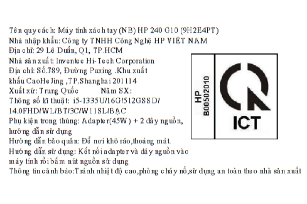 Laptop HP 240 G10 - 9H2E4PT (i5 1335U, 16GB, 512GB, Full HD, Win11) Màu Bạc