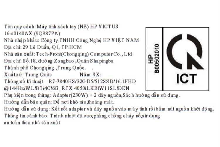 Laptop HP Gaming VICTUS 16 s0140AX R7 7840HS/32GB/512GB/6GB RTX4050/144Hz/Win11 (9Q987PA) Màu Đen