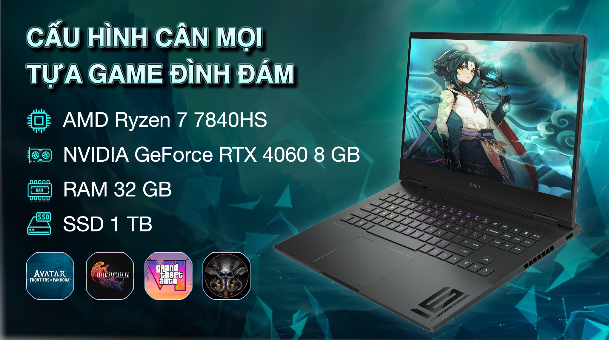 Laptop HP Gaming OMEN 16 xf0071AX - 8W946PA (R7 7840HS, 32GB, 1TB, RTX 4060 8GB, QHD 240Hz, Win11)