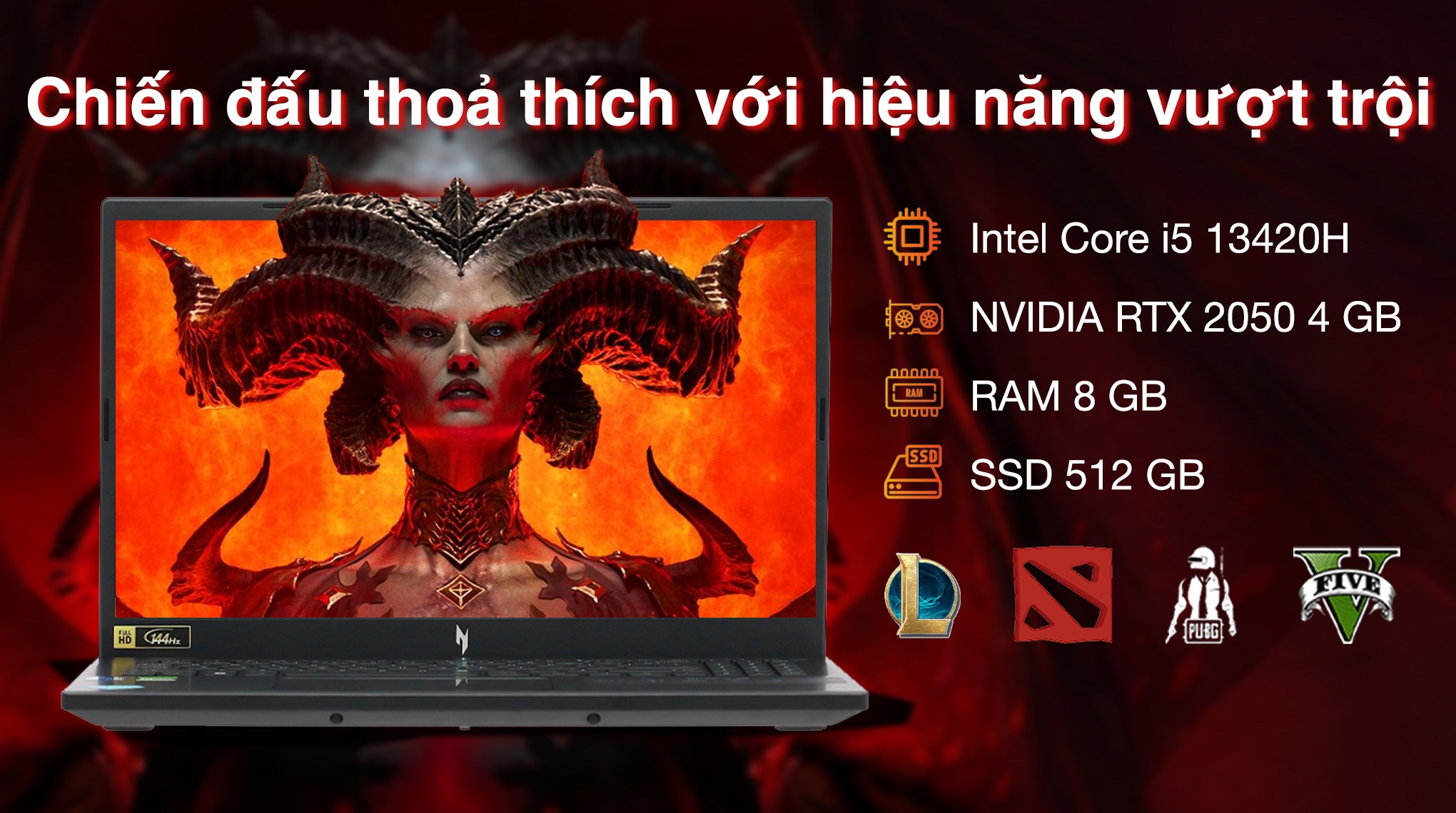 Laptop Acer Gaming Nitro V ANV15 51 58AN - NH.QNASV.001 (i5 13420H, 8GB, 512GB , RTX 2050 4GB, Full HD 144Hz, Win11)