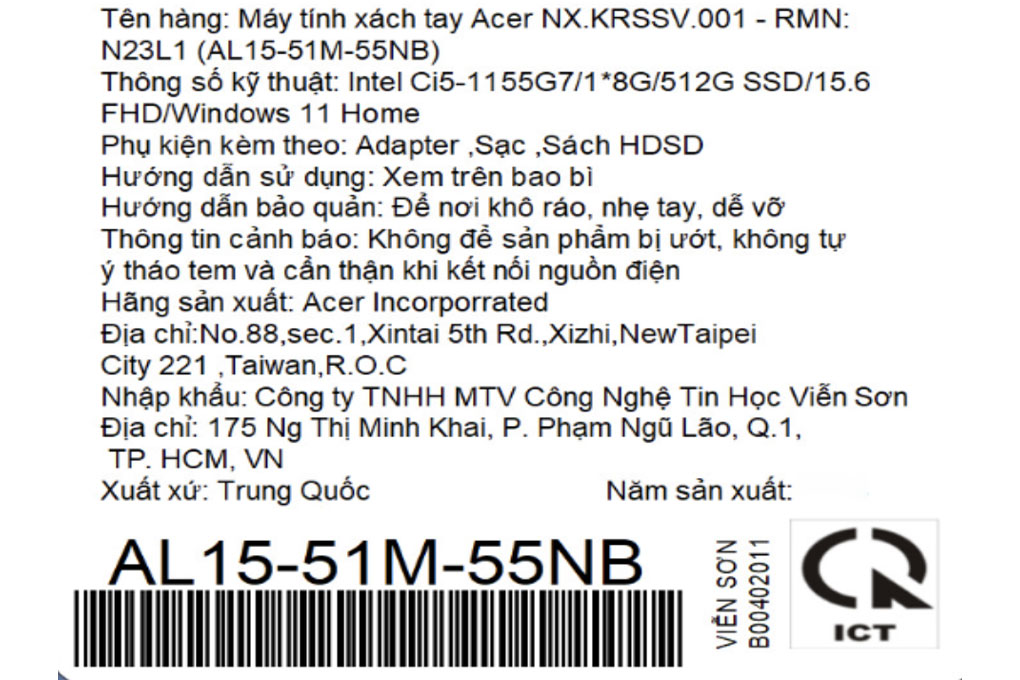 Laptop Acer Aspire Lite 15 51M 55NB i5 1155G7/8GB/512GB/Win11 (NX.KRSSV.001) Màu Xám