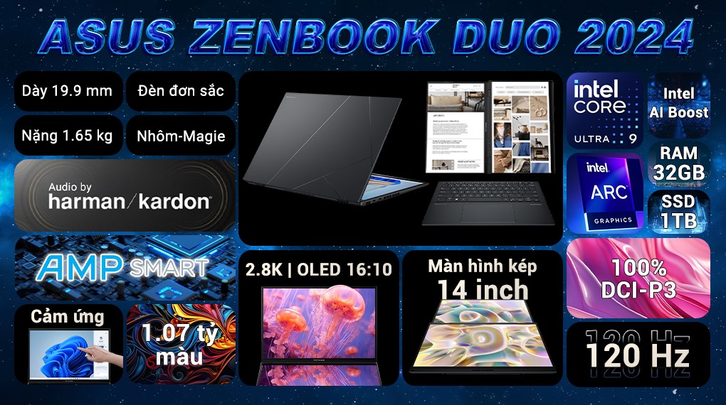 Laptop Asus Zenbook 14 Duo OLED UX8406MA Ultra 9 185H/32GB/1TB/120Hz/Win11 (PZ142W)