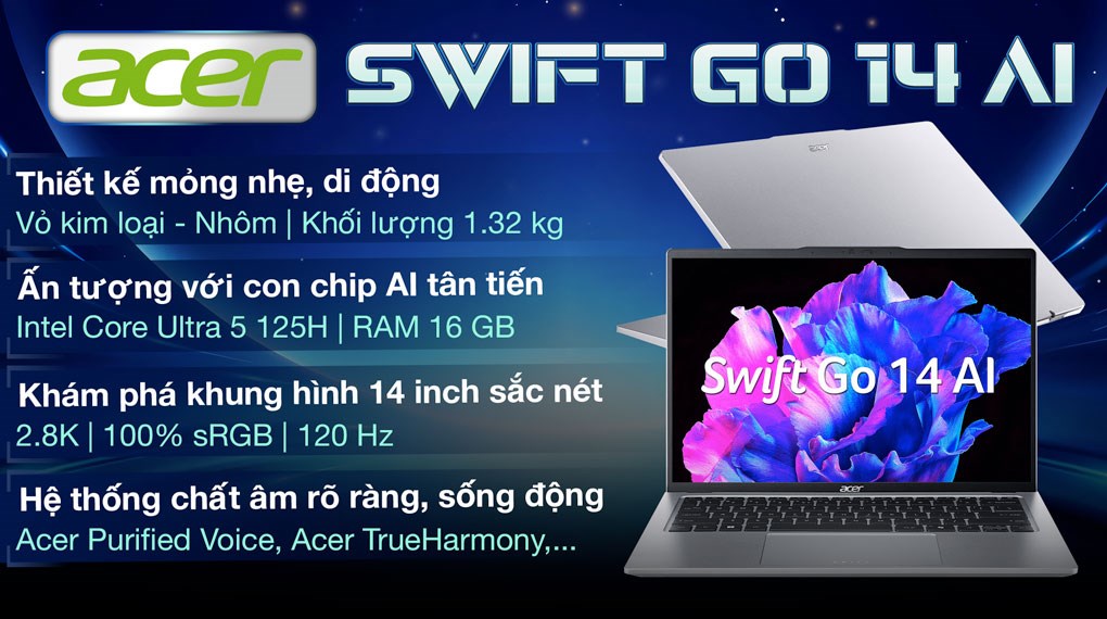 Laptop Acer Swift Go 14 AI SFG14 73 53X7 Ultra 5 125H/16GB/512GB/Win11 (NX.KSLSV.001)