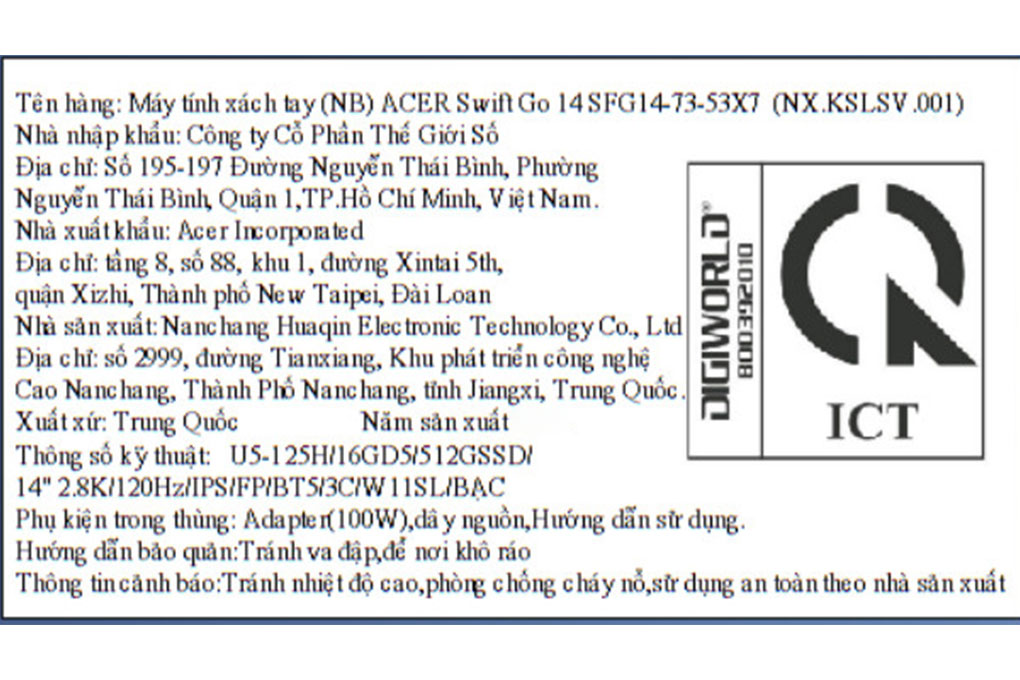Laptop Acer Swift Go 14 AI 73 53X7 - NX.KSLSV.001 (Ultra 5 125H, 16GB, 512GB, 2.8K 120Hz, Win11) Màu Bạc