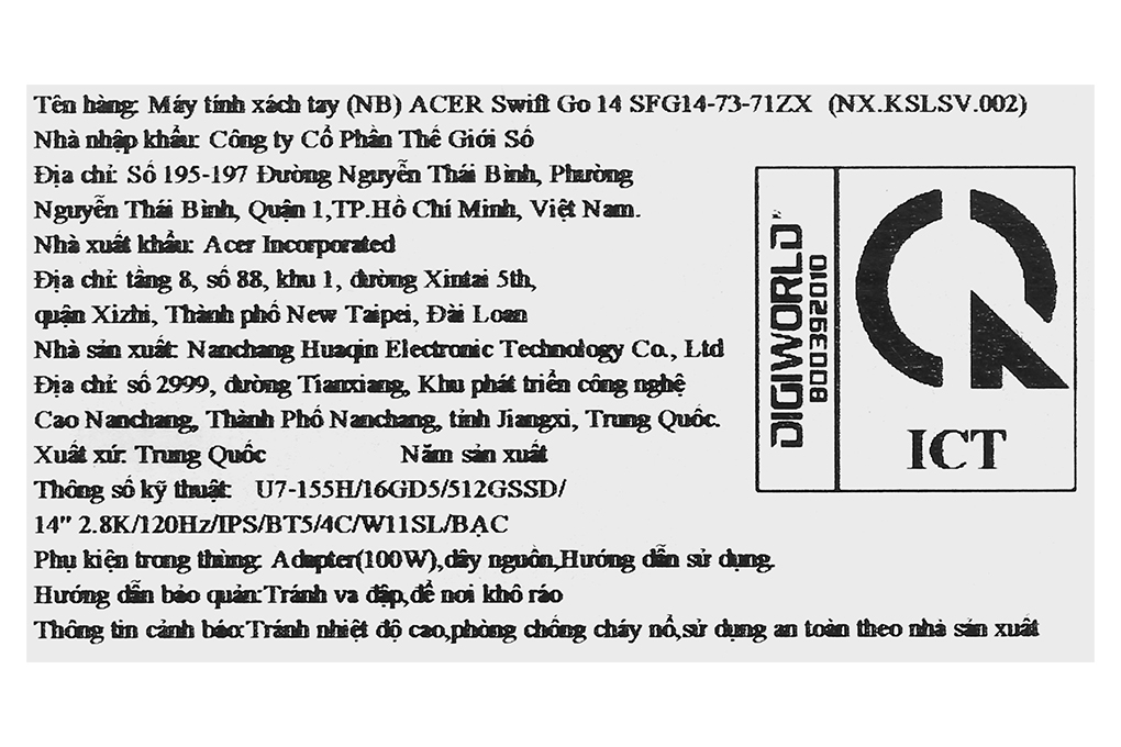 Laptop Acer Swift Go 14 AI 73 71ZX - NX.KSLSV.002 (Ultra 7 155H, 16GB, 512GB, 2.8K, Win11) Màu Bạc