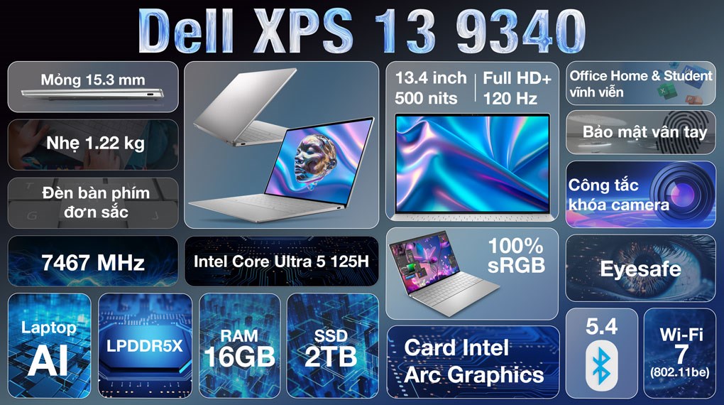 Laptop Dell XPS 13 9340 Ultra 5 125H/16GB/2TB/120Hz/OfficeHS/Win11 (XPSU5002W1)
