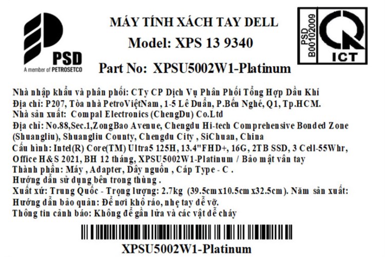 Laptop Dell XPS 13 9340 Ultra 5 125H/16GB/2TB/120Hz/OfficeHS/Win11 (XPSU5002W1) Màu Bạc