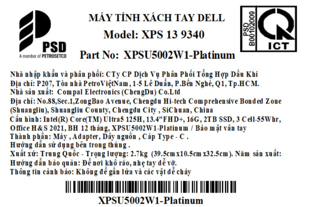 Laptop Dell XPS 13 9340 Ultra 5 125H/16GB/2TB/120Hz/OfficeHS/Win11 (XPSU5002W1) - 9