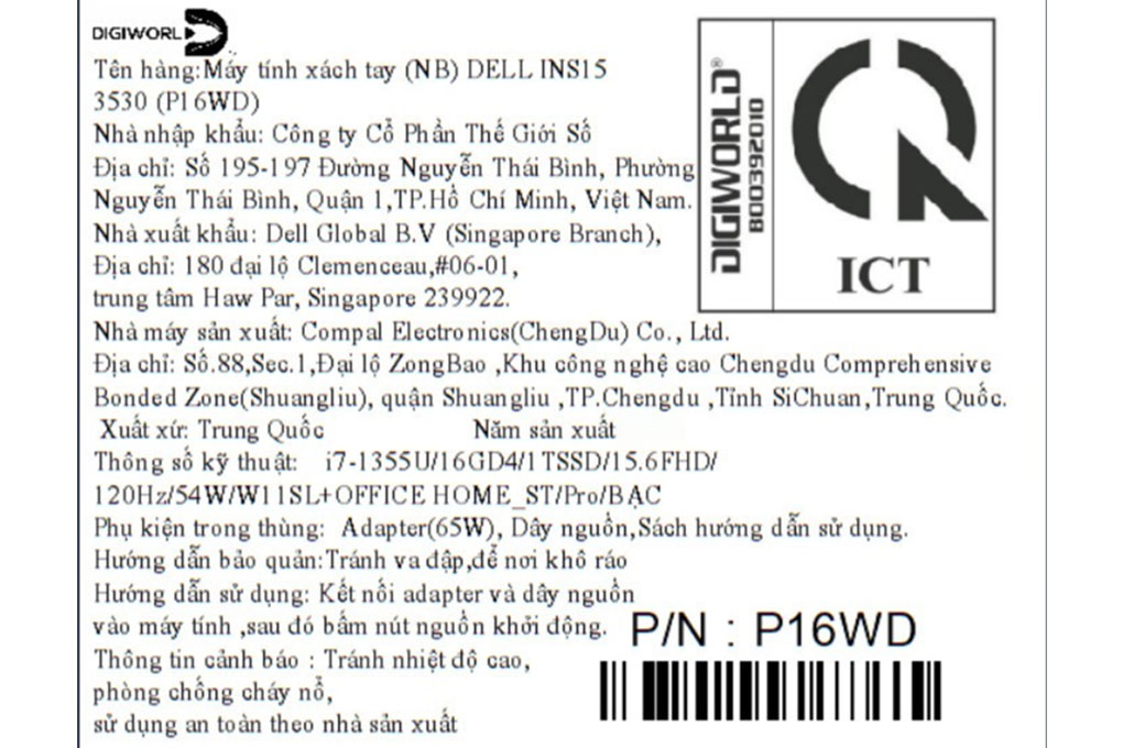 Laptop Dell Inspiron 15 3530 - P16WD (i7 1355U, 16GB, 1TB, Full HD 120Hz, OfficeHS, Win11) Màu Bạc