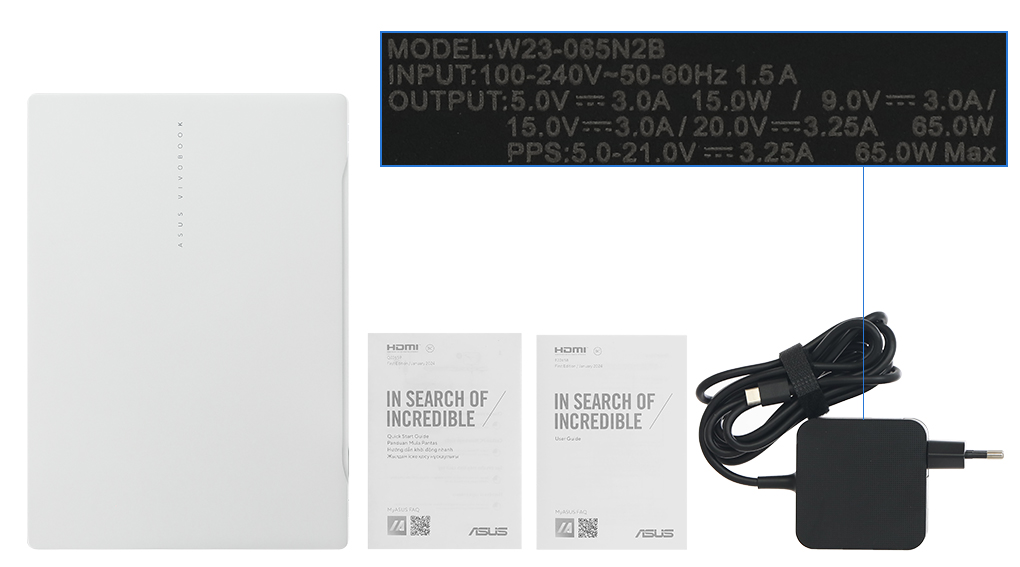 Bộ sản phẩm gồm: Sách hướng dẫn, Sạc Laptop Asus ( 65W ), Thùng máy