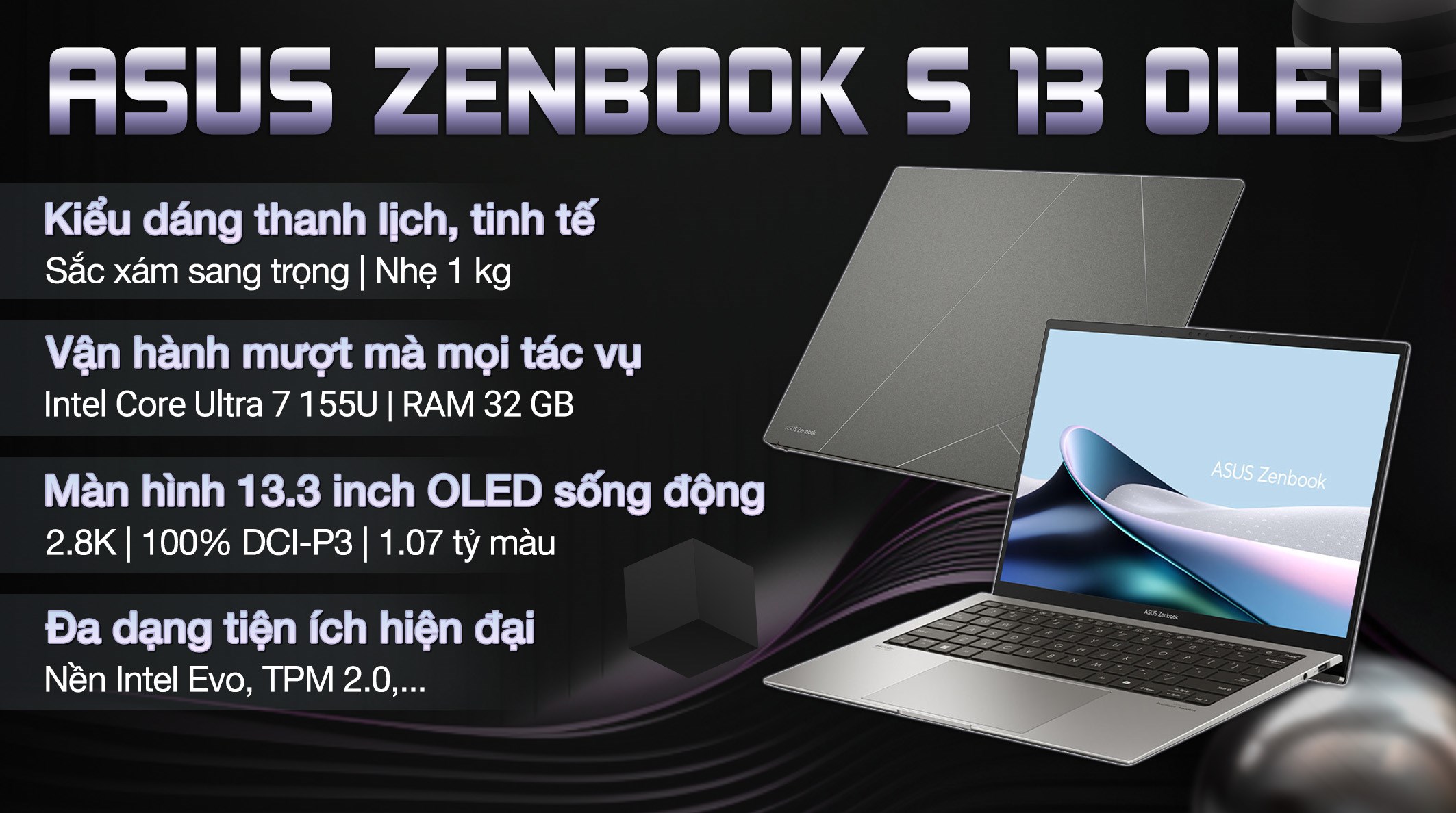 Laptop Asus Zenbook S 13 OLED UX5304MA Ultra 7 155U/32GB/1TB/Win11 (NQ117W)