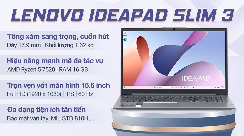 Laptop Lenovo Ideapad Slim 3 15AMN8 R5 7520U/16GB/512GB/Win11 (82XQ00J0VN)