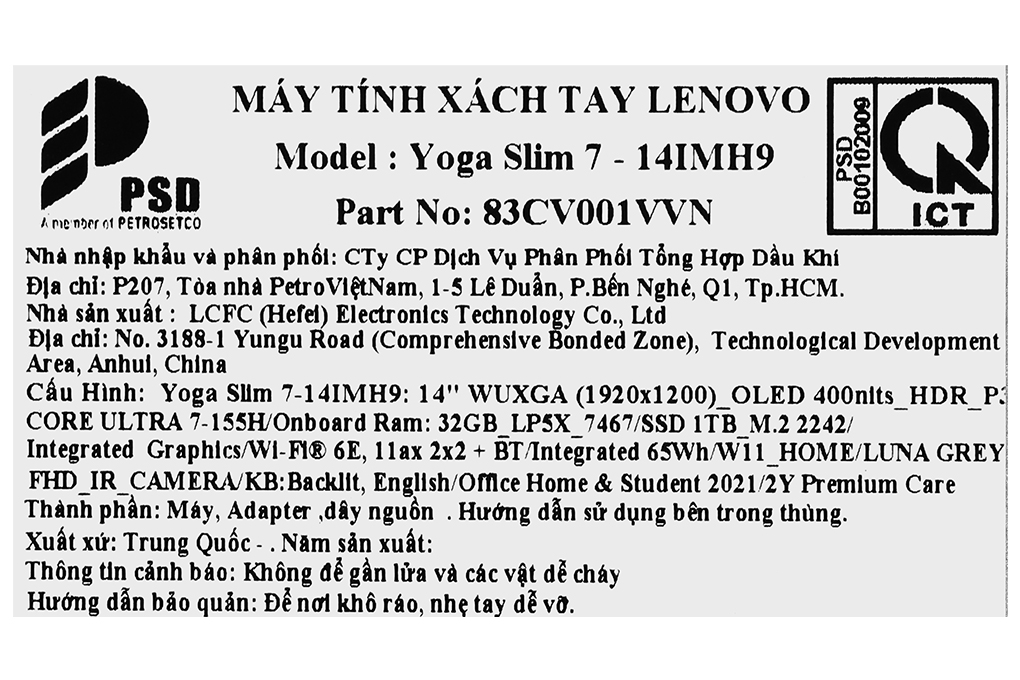 Laptop Lenovo Yoga 7 14IMH9 - 83CV001VVN (Ultra7, 32GB, 1TB, WUXGA OLED, OfficeHS, Win11) Màu Xám