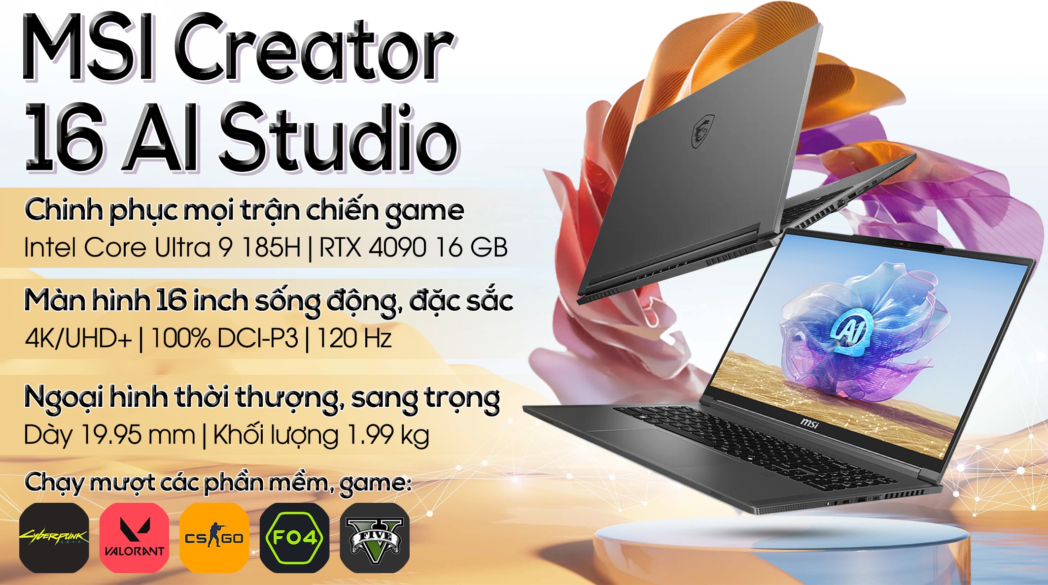 Laptop MSI Creator 16 AI Studio A1VIG Ultra 9 185H/64GB/2TB/16GB RTX4090/120Hz/Balo/Win11 (078VN)