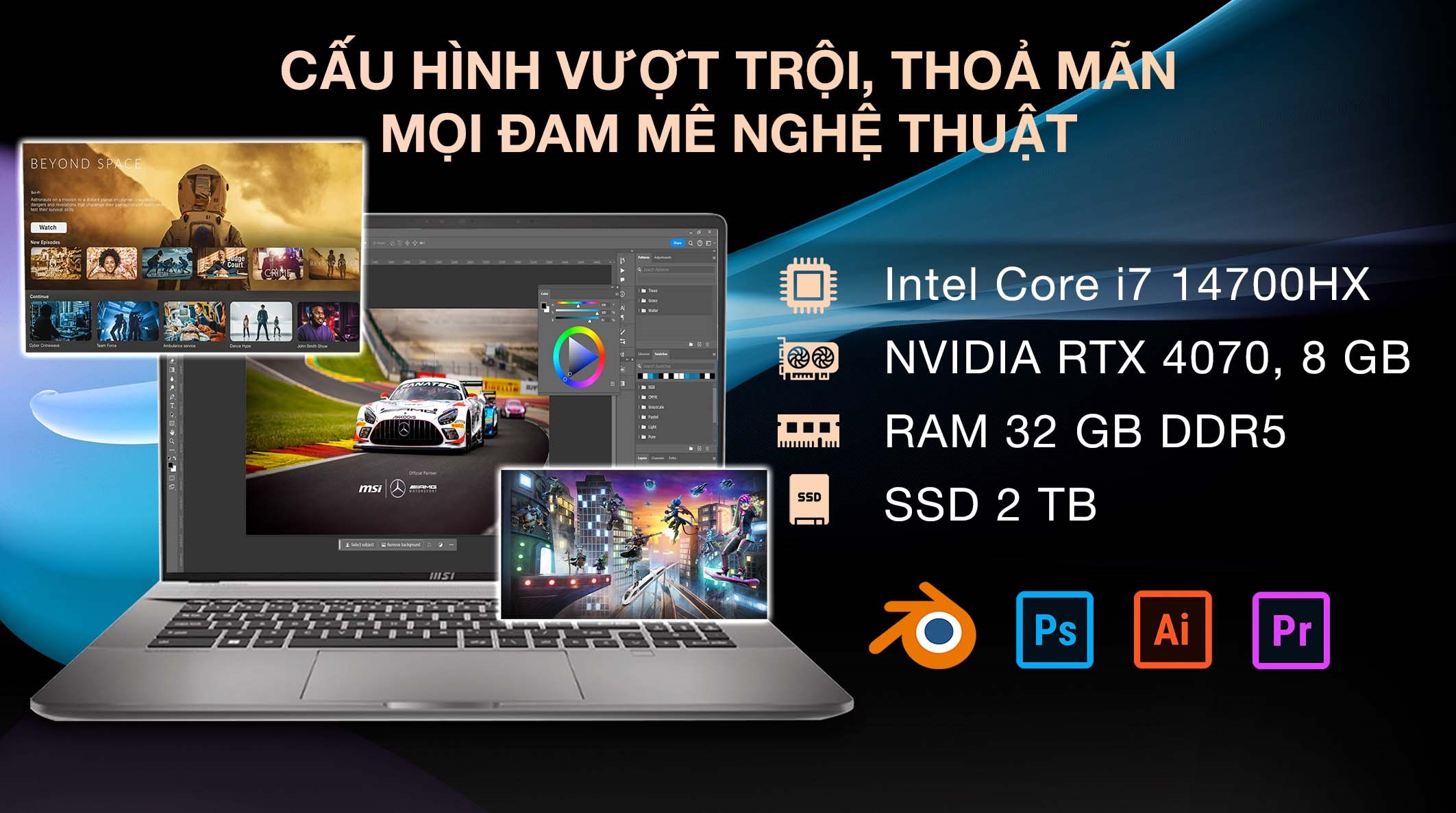 Laptop MSI Creator Z17 HX Studio A14VGT - 272VN (i7 14700HX, 32GB, 2TB, RTX 4070 8GB, QHD+ 165 Hz, Cảm ứng, Win11)