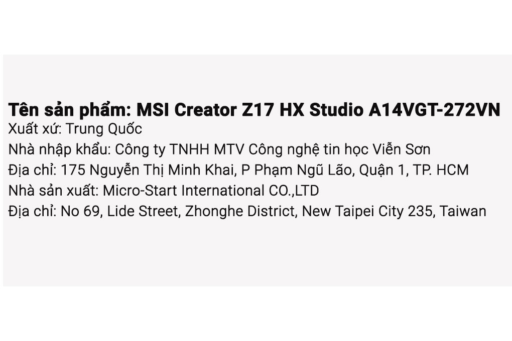 Laptop MSI Creator Z17 HX Studio A14VGT - 272VN (i7 14700HX, 32GB, 2TB, RTX 4070 8GB, QHD+ 165 Hz, Cảm ứng, Win11) Màu Xám