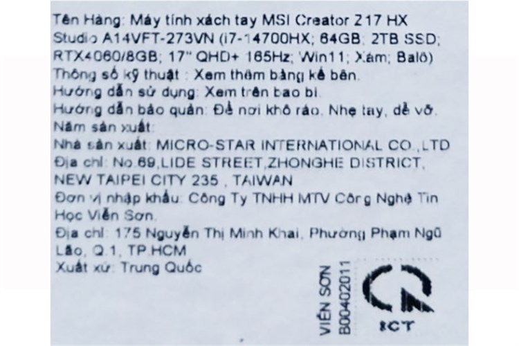 Laptop MSI Creator Z17 HX Studio A14VFT i7 14700HX/64GB/2TB/8GB RTX4060/165Hz/Touch/Pen/Balo/Win11 (273VN) Màu Xám