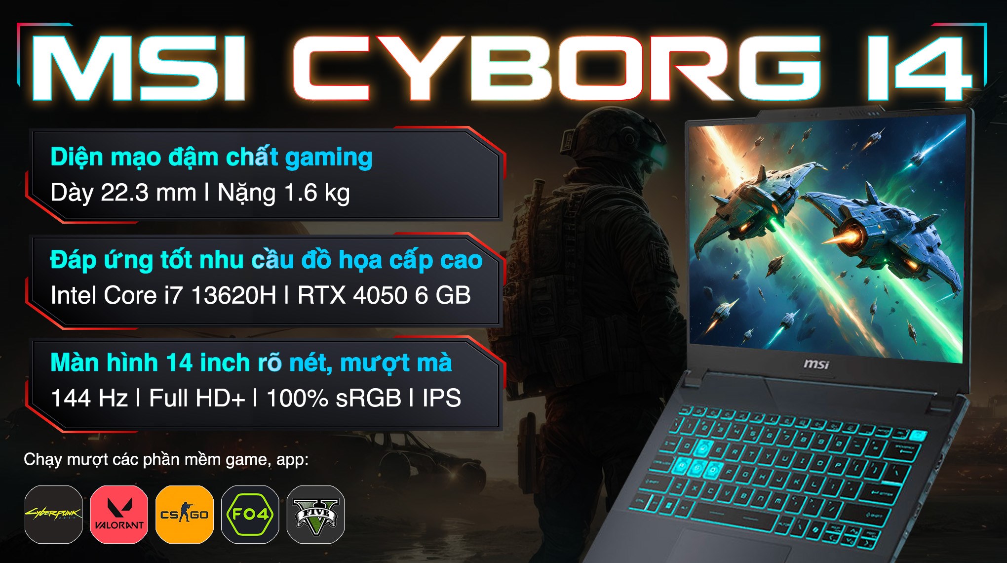 Laptop MSI Gaming Cyborg 14 A13VE i7 13620H/16GB/512GB/6GB RTX4050/144Hz/Balo/Win11 (090VN)