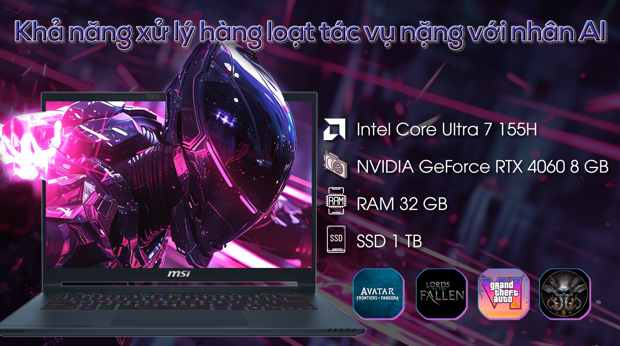 Laptop MSI Gaming Stealth 14 AI Studio A1VFG - 085VN (Ultra 7 155H, 32GB, 1TB, RTX 4060 8GB, 2.8K OLED 120Hz, Win11)