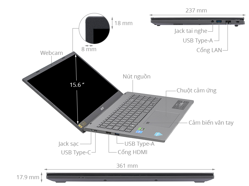 Laptop Acer Gaming Aspire 5 A515 58GM 53PZ i5 13420H/8GB/512GB/4GB RTX2050/Win11 (NX.KQ4SV.008)