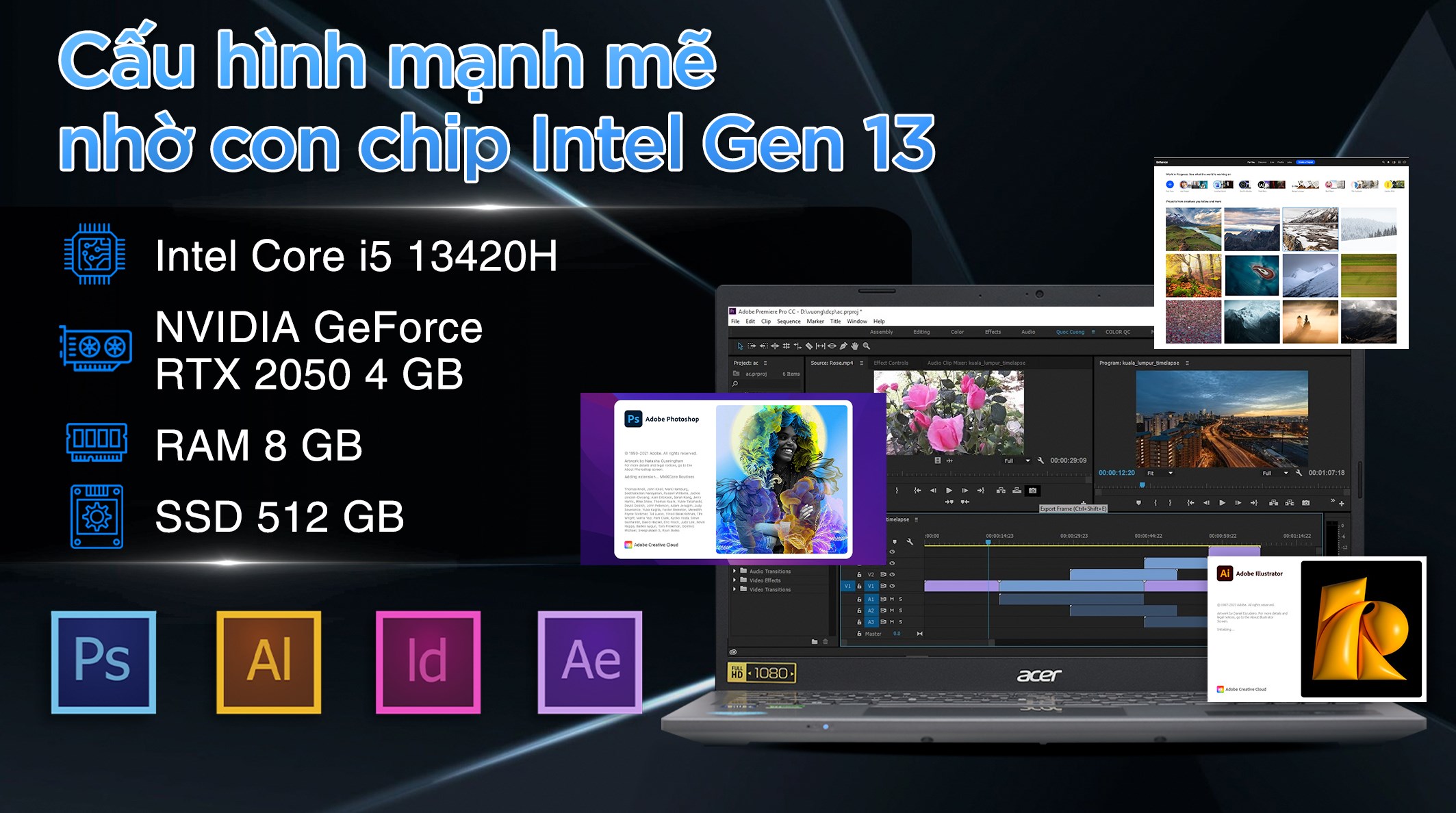 Laptop Acer Gaming Aspire A515 58GM 53PZ - NX.KQ4SV.008 (i5 13420H, 8GB, 512GB, RTX 2050 4GB, Full HD, Win11)