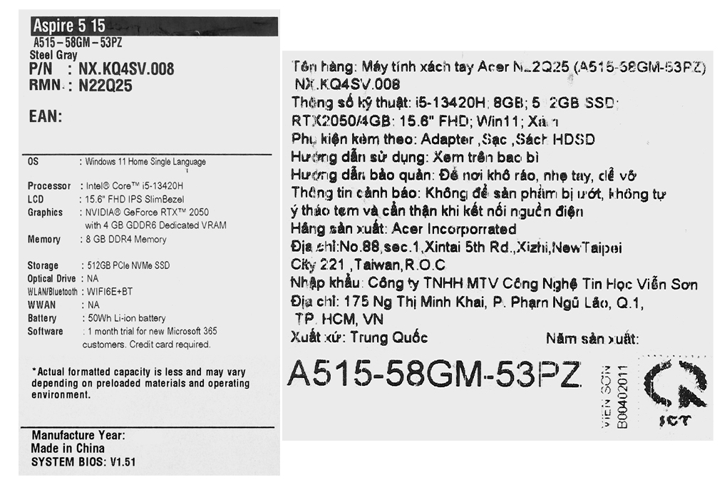 Laptop Acer Gaming Aspire A515 58GM 53PZ - NX.KQ4SV.008 (i5 13420H, 8GB, 512GB, RTX 2050 4GB, Full HD, Win11) - 16