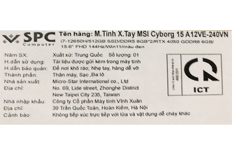 Laptop MSI Gaming Cyborg 15 A12VE i7 12650H/16GB/512GB/6GB RTX4050/144Hz/Balo/Win11 (240VN) Màu Đen