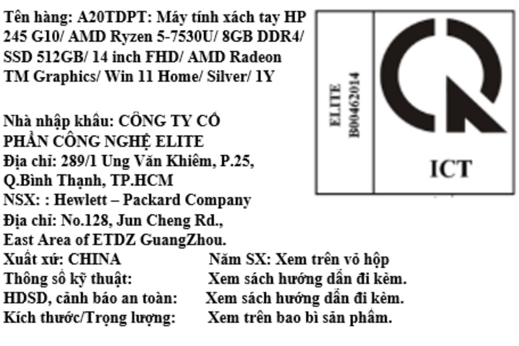 Laptop HP 245 G10 - A20TDPT (R5 7530U, 8GB, 512GB, Full HD, Win11) Màu Bạc