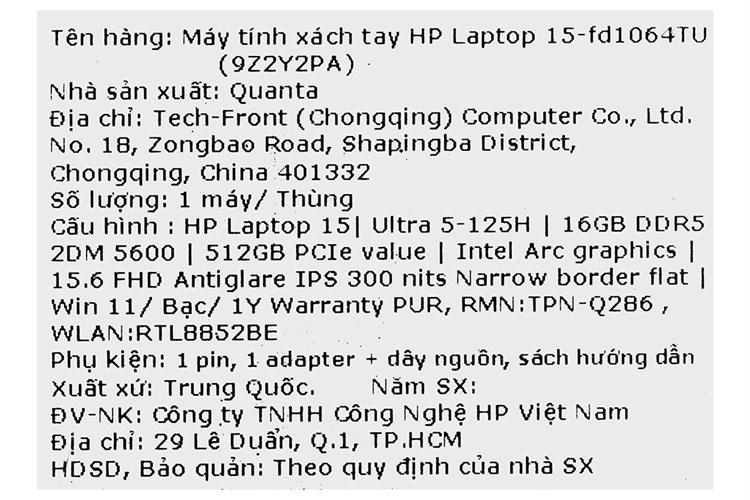 Laptop HP 15 fd1064TU Ultra 5 125H/16GB/512GB/Win11 (9Z2Y2PA) Màu Bạc
