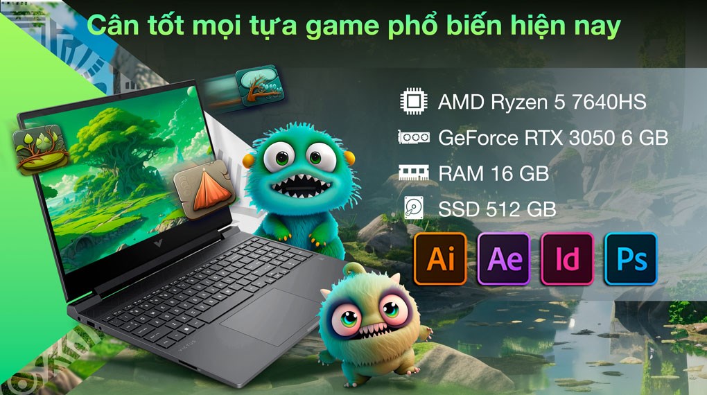 Laptop HP Gaming VICTUS 16 s0078AX - 8C5N7PA (R5 7640HS, 16GB, 512GB, RTX 3050 6GB, Full HD 144Hz, Win11)