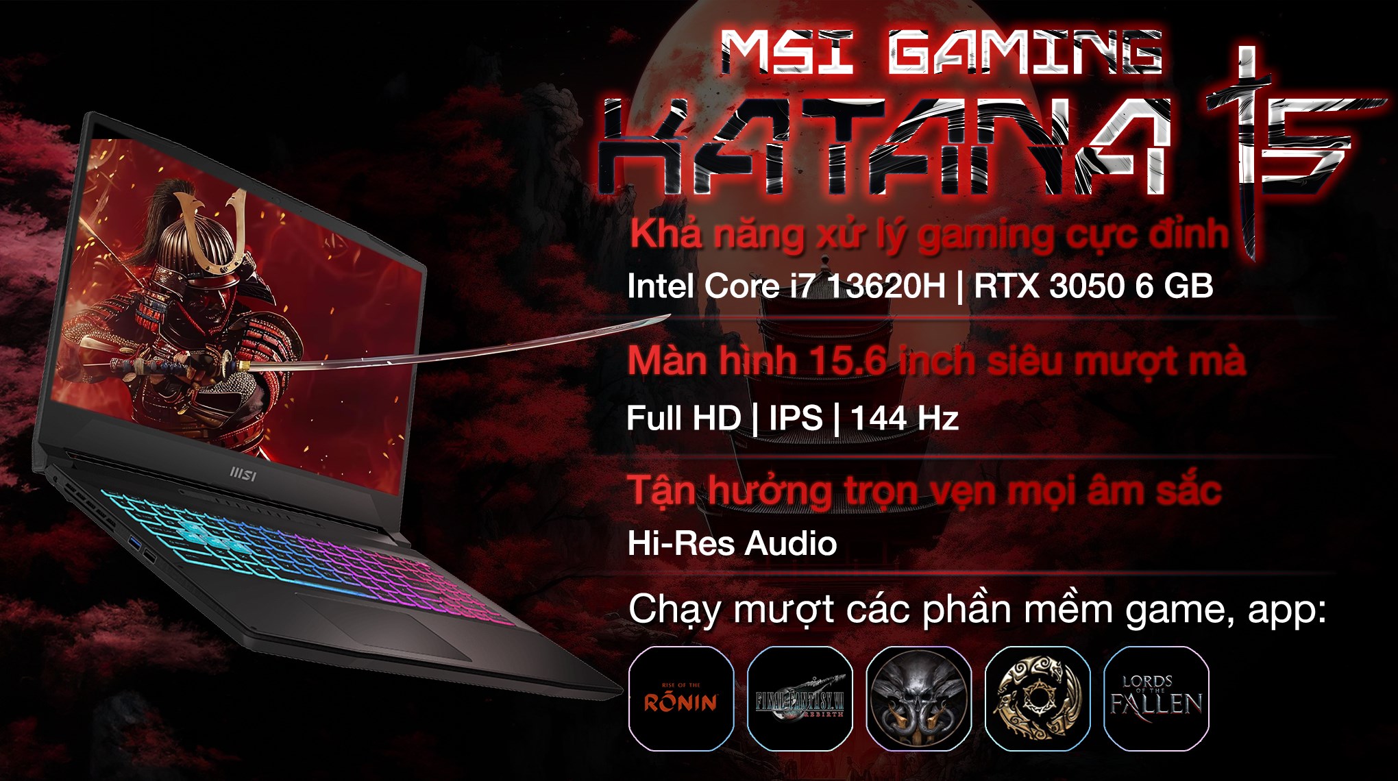 Laptop MSI Gaming Katana 15 B13UDXK - 2077VN (i7 13620H, 16GB, 1TB, RTX 3050 6GB, Full HD 144Hz, Win11)