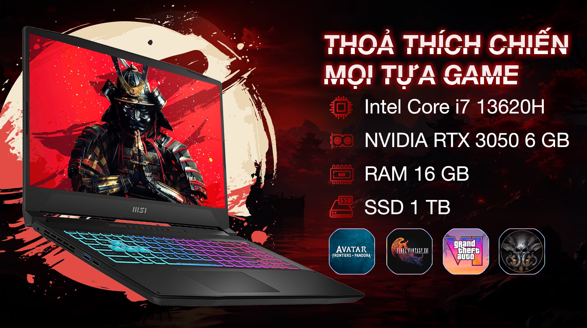 Laptop MSI Gaming Katana 15 B13UDXK - 2077VN (i7 13620H, 16GB, 1TB, RTX 3050 6GB, Full HD 144Hz, Win11)