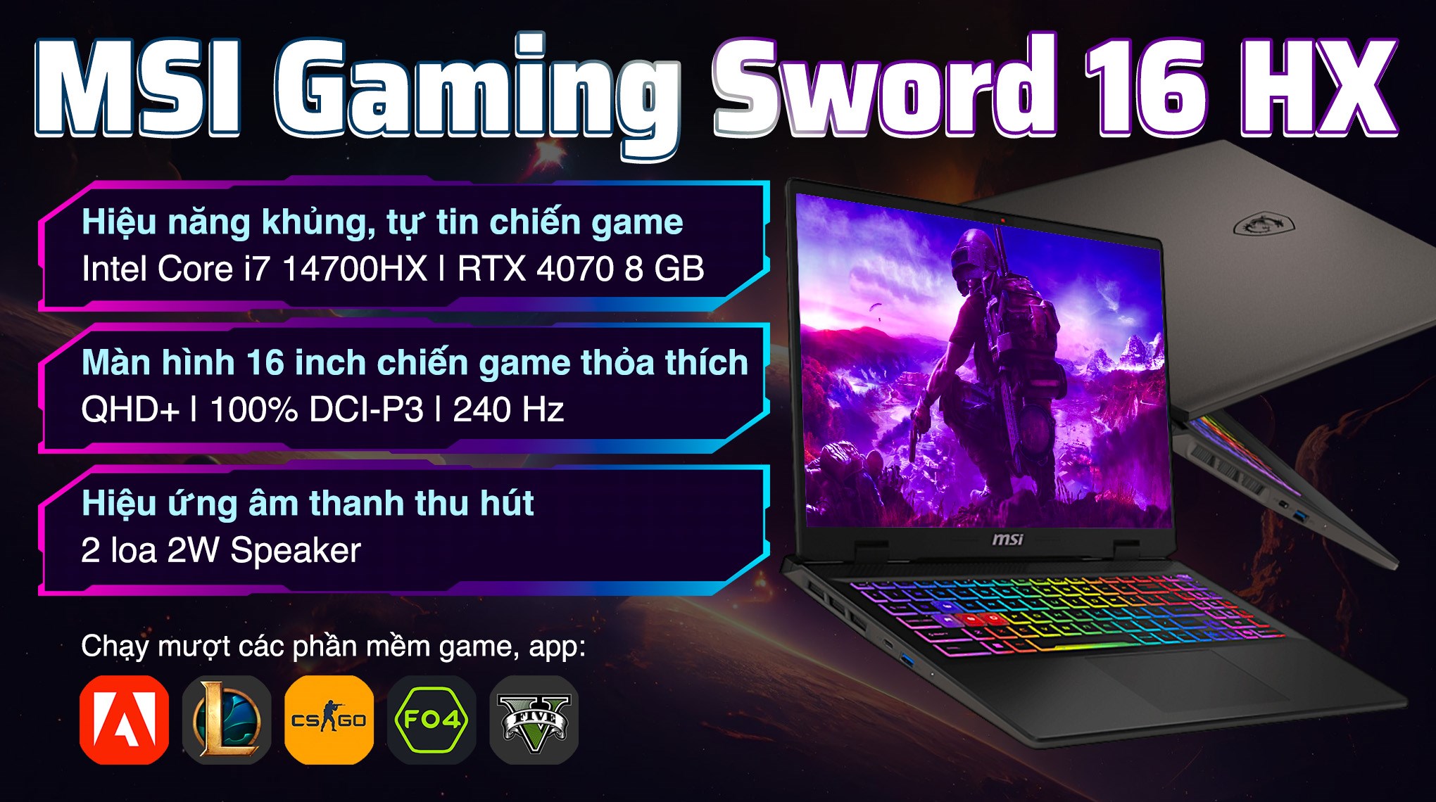 Laptop MSI Gaming Sword 16 HX B14VGKG i7 14700HX/16GB/1TB/8GB RTX4070/240Hz/Balo/Win11 (038VN)