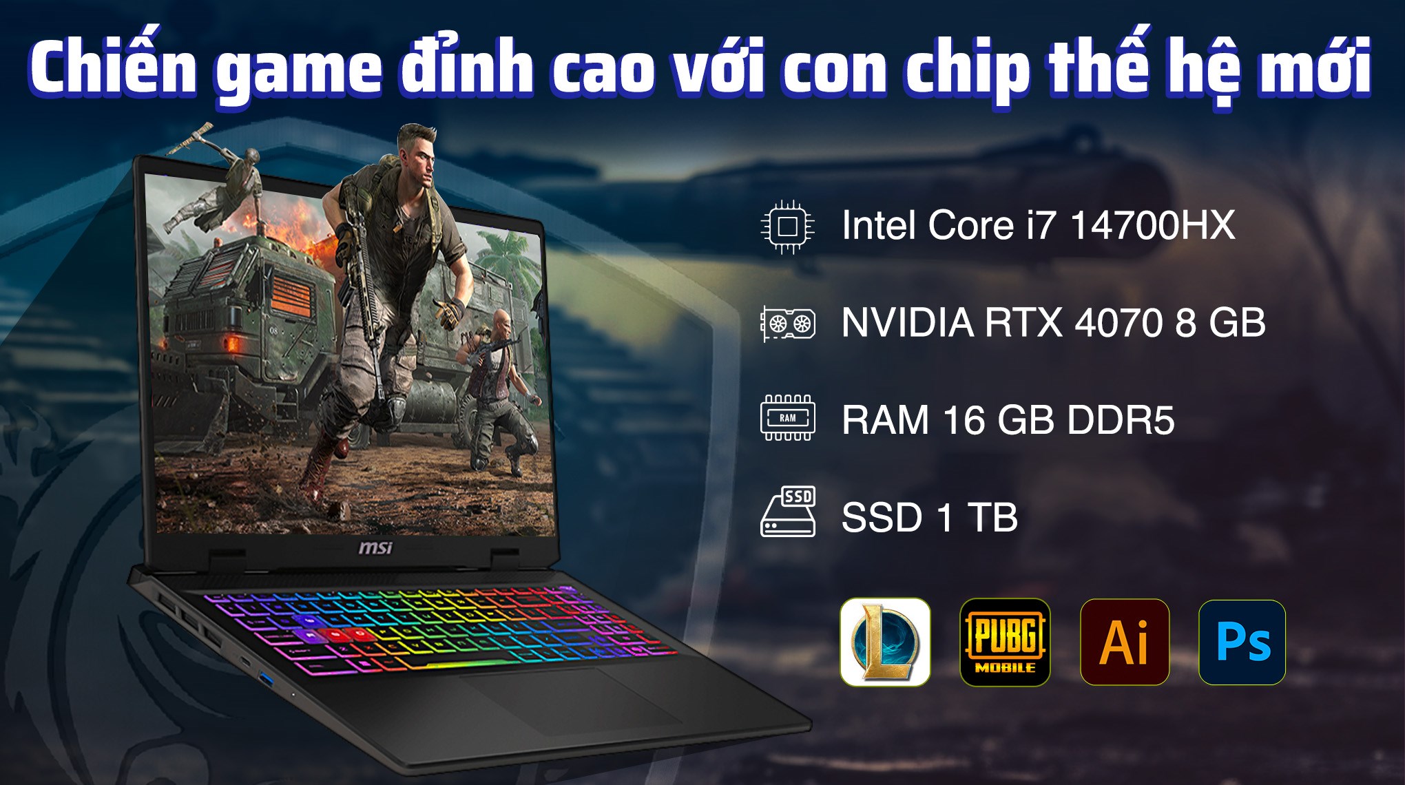 Laptop MSI Gaming Sword 16 HX B14VGKG i7 14700HX/16GB/1TB/8GB RTX4070/240Hz/Balo/Win11 (038VN)