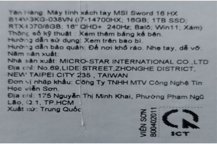 Laptop MSI Gaming Sword 16 HX B14VGKG i7 14700HX/16GB/1TB/8GB RTX4070/240Hz/Balo/Win11 (038VN) Màu Xám