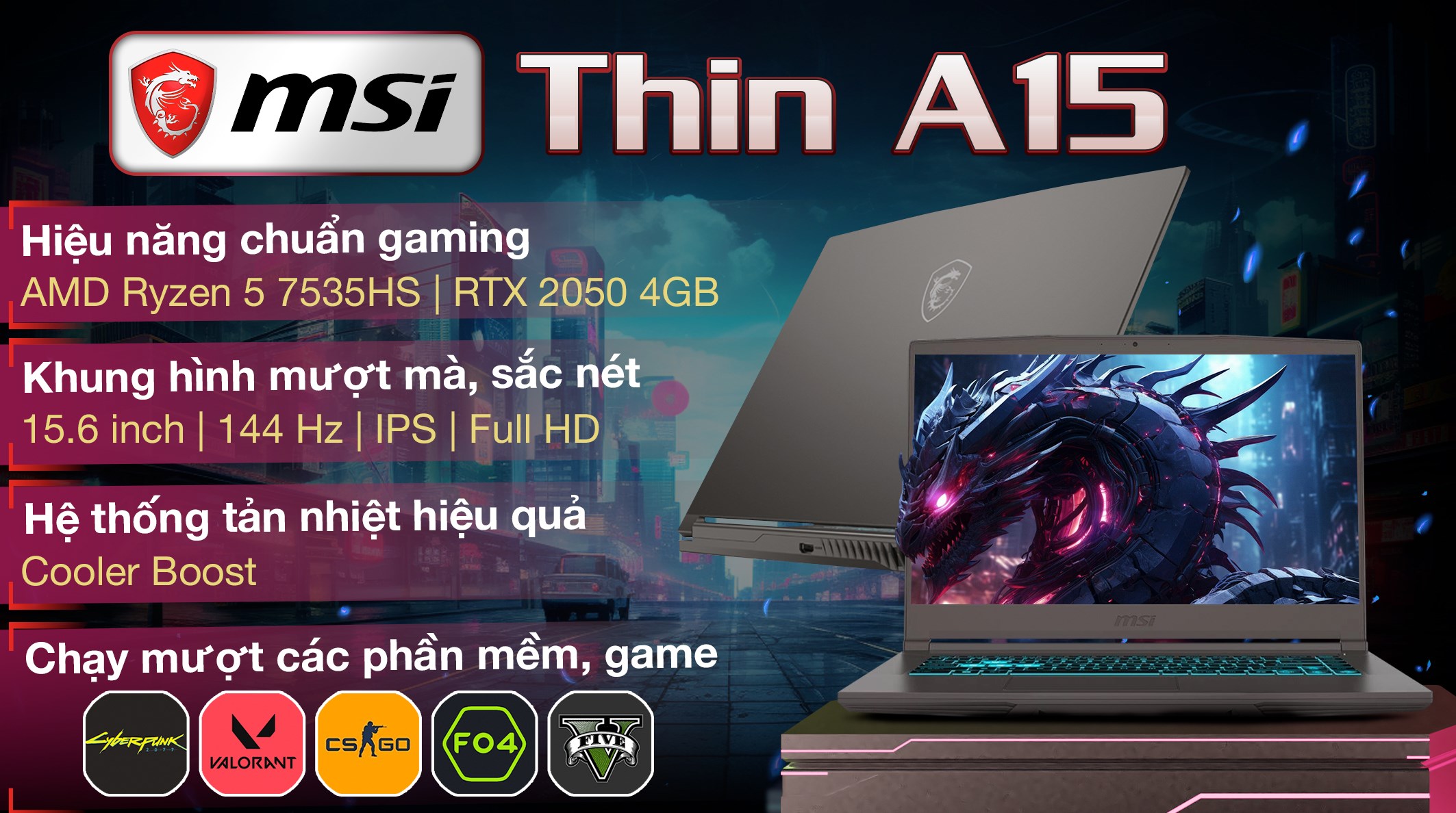 Laptop MSI Gaming Thin A15 B7UCX R5 7535HS/16GB/512GB/4GB RTX2050/144Hz/Balo/Win11 (240VN)
