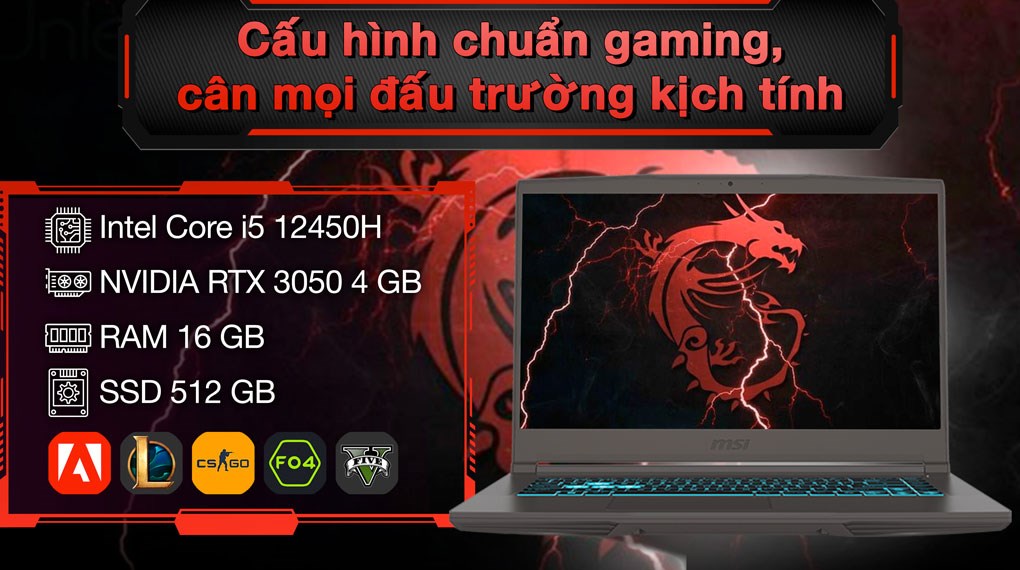 Laptop MSI Gaming Thin 15 B12UC - 2045VN (i5 12450H, 16GB, 512GB, RTX 3050 4GB, Full HD 144Hz, Win11)