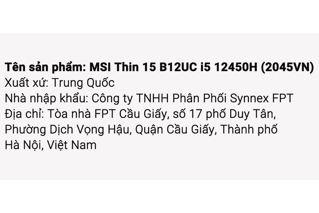 Laptop MSI Gaming Thin 15 B12UC - 2045VN (i5 12450H, 16GB, 512GB, RTX 3050 4GB, Full HD 144Hz, Win11) Màu Xám
