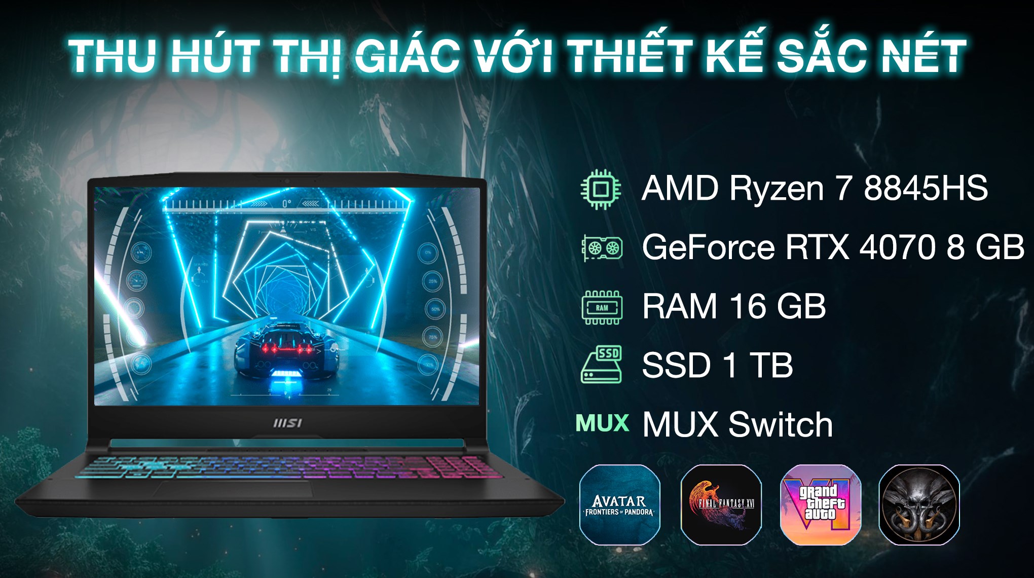 Laptop MSI Gaming Katana A15 AI B8VG - 465VN (R7 8845HS, 16GB, 1TB, RTX 4070 8GB, Full HD 144Hz, Win11)