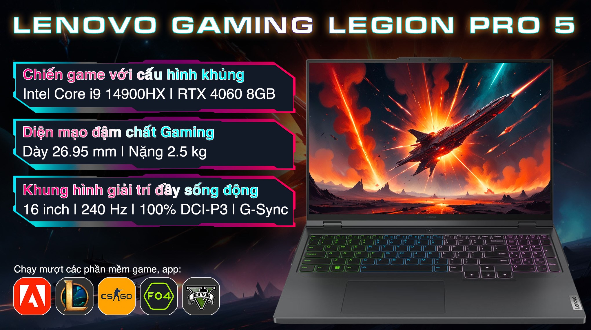 Laptop Lenovo Gaming Legion Pro 5 16IRX9 i9 14900HX/32GB/1TB/8GB RTX4060/240Hz/Win11 (83DF0047VN)