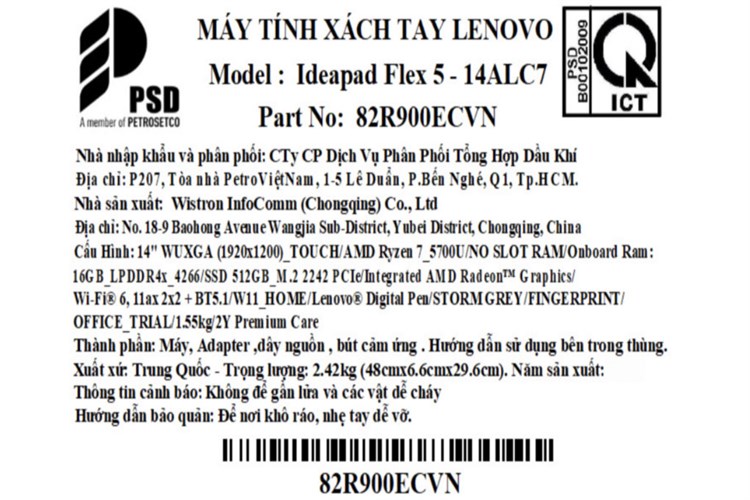 Laptop Lenovo Ideapad Flex 5 14ALC7 R7 5700U/16GB/512GB/Win11 (82R900ECVN) Màu Xám