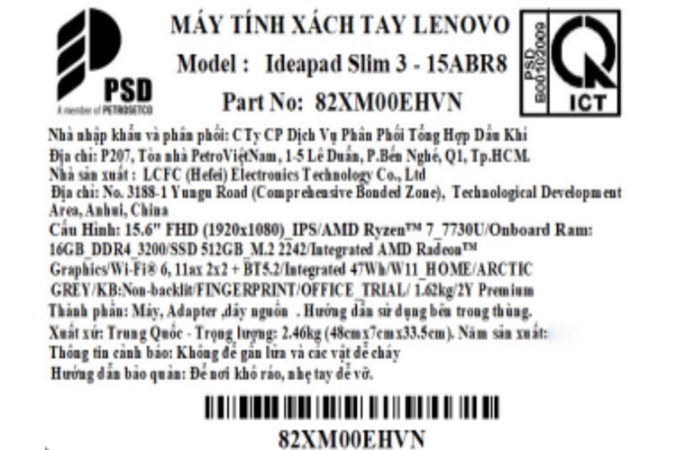 Laptop Lenovo Ideapad Slim 3 15ABR8 R7 7730U/16GB/512GB/Win11 (82XM00EHVN) Màu Xám