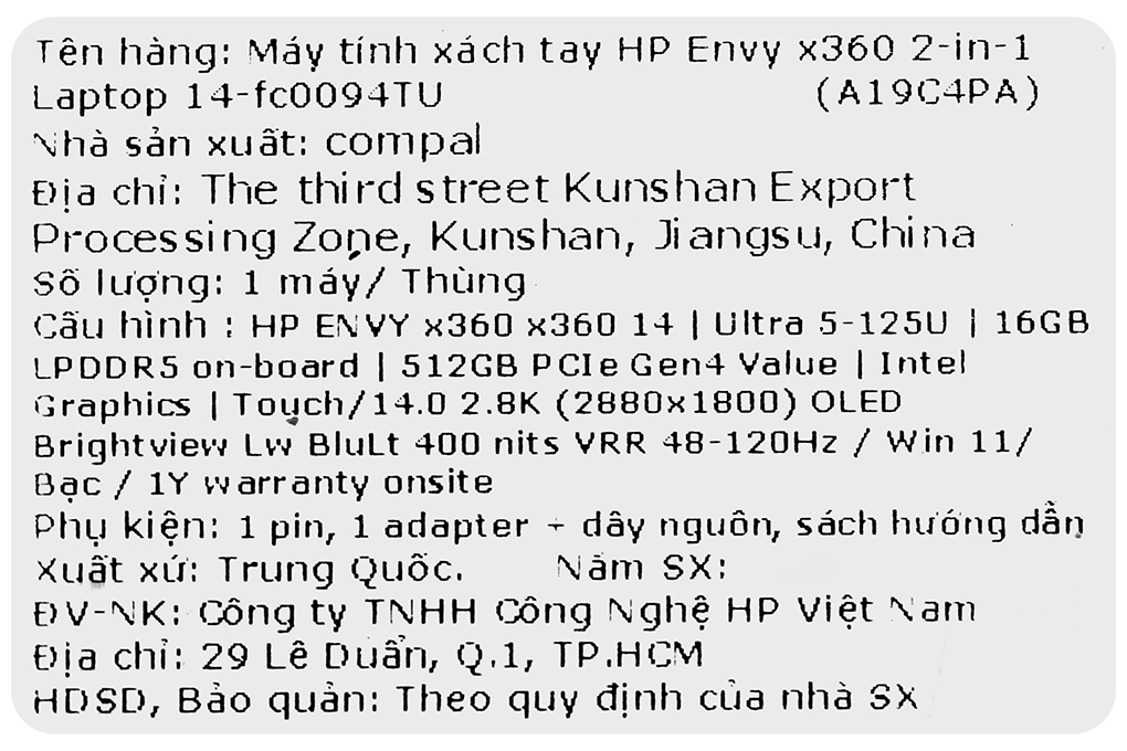 Laptop HP Envy x360 14 fc0094TU - A19C4PA (Ultra 5 125U, 16GB, 512GB, 2.8K OLED, Cảm ứng, Win11) - 21